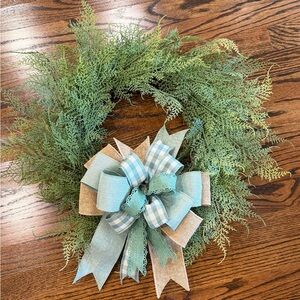 Handmade Green Cedar Holiday Wreath with Blue Burlap Bow